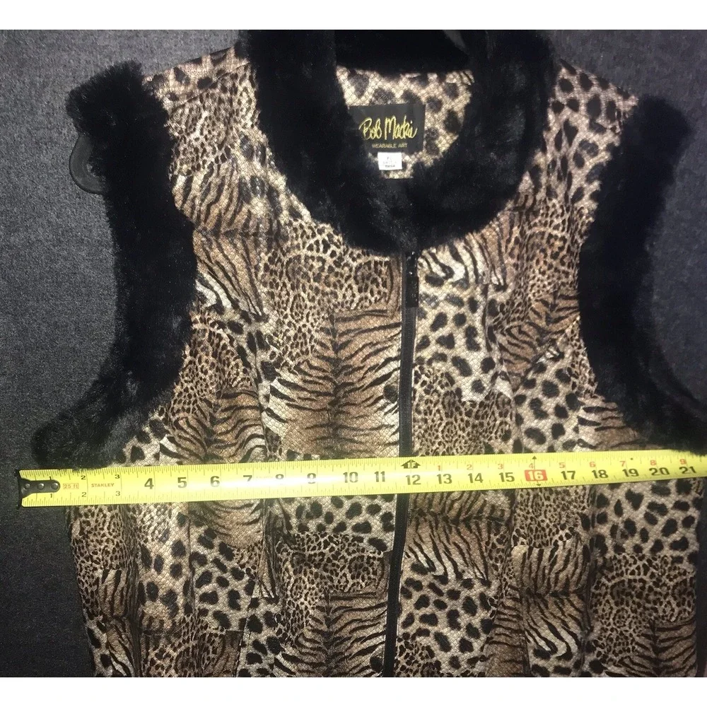 Bob Mackie Vest Zip Wearable Art Brown Safari Animal Print Black Faux Fur Trim - Picture 8 of 11
